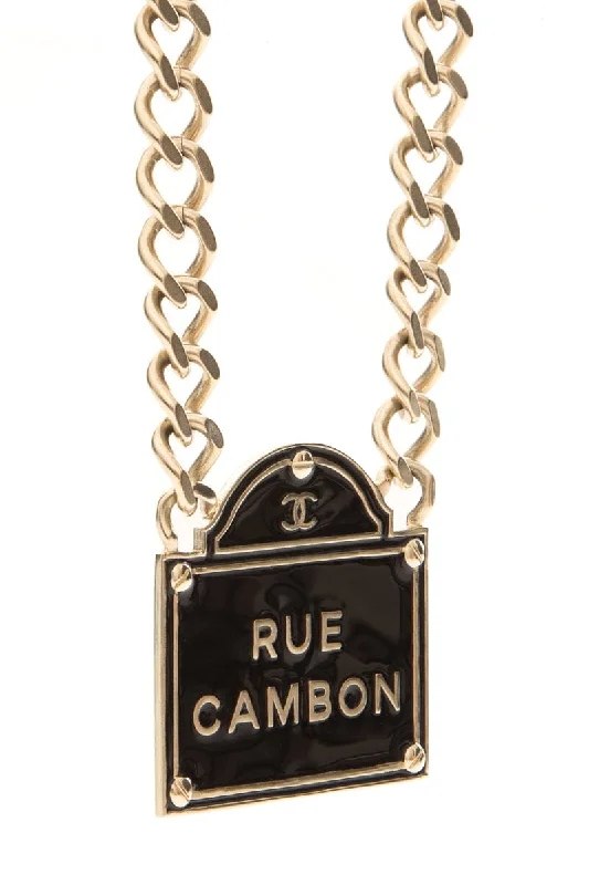 Chanel 2015 Black and Gold Name Plate Rue Cambon Necklace