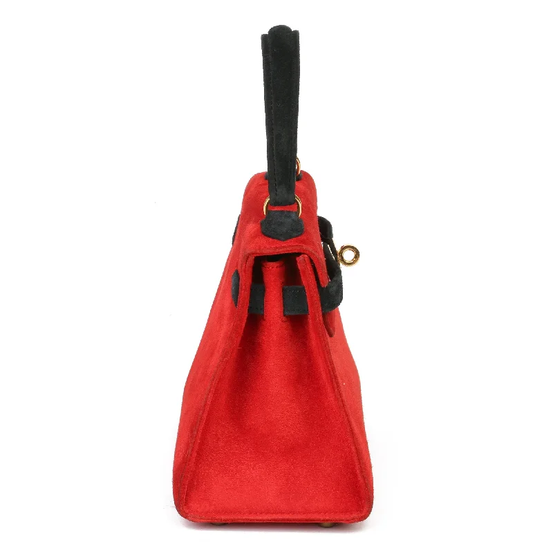 Hermes Rouge Vif & Black Veau Doblis Suede Vintage Kelly 20cm Sellier Shoulder Bag