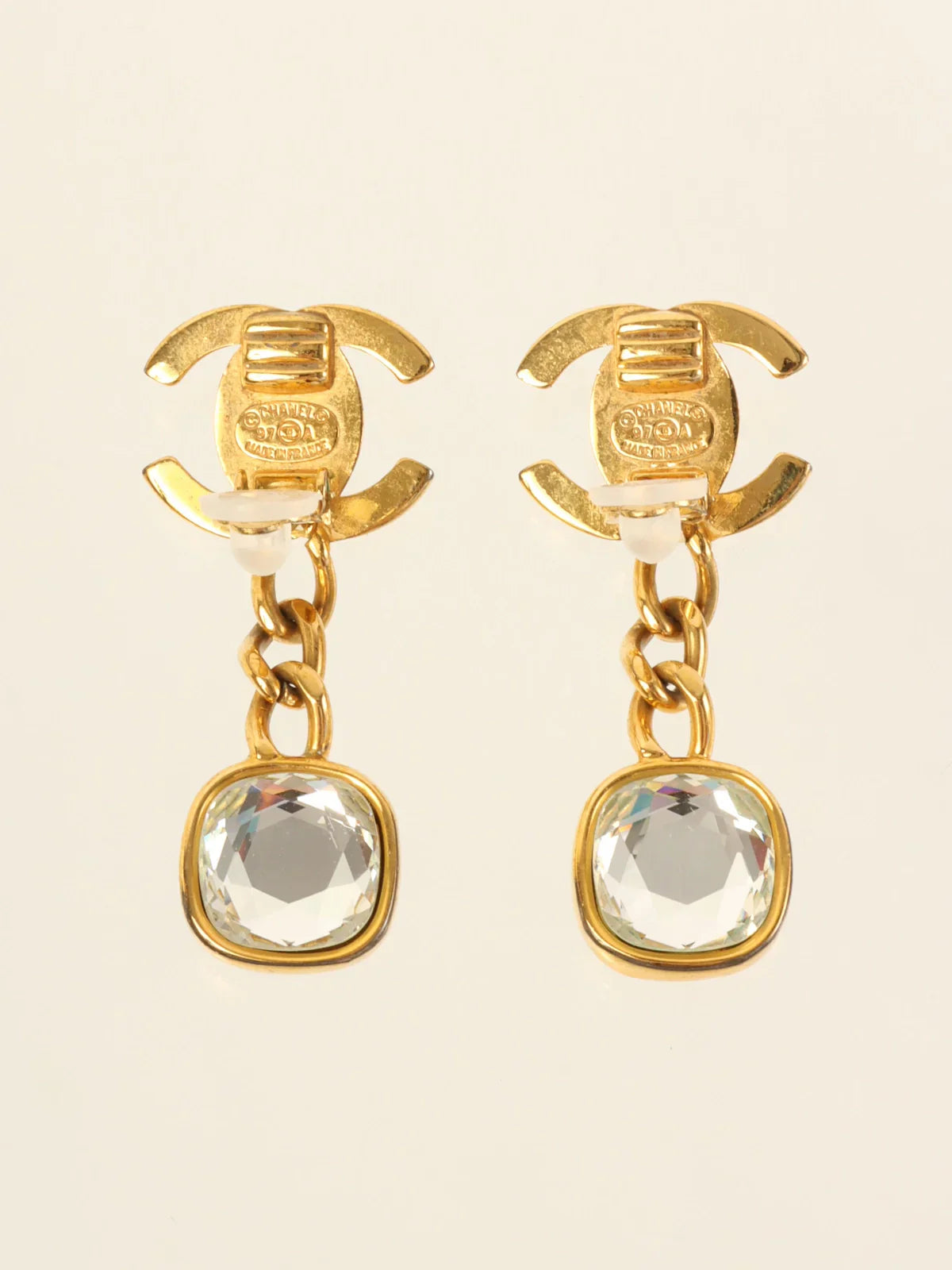 CHANEL 1997 Made Turn-Lock Swing Stone Earrings Gold