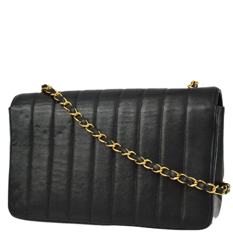 Chanel 1994-1996 Black Lambskin Medium Vertical Stitch Border Flap Bag