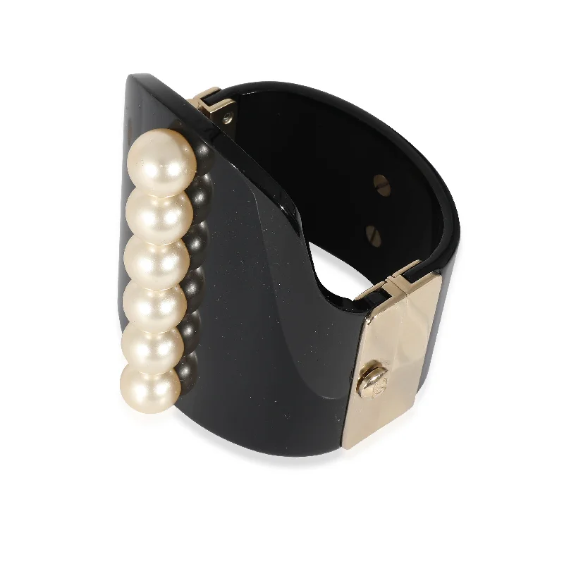 CHANEL 2015 Gold Tone Resin Hinged Bangle Bracelet With Faux Pearls