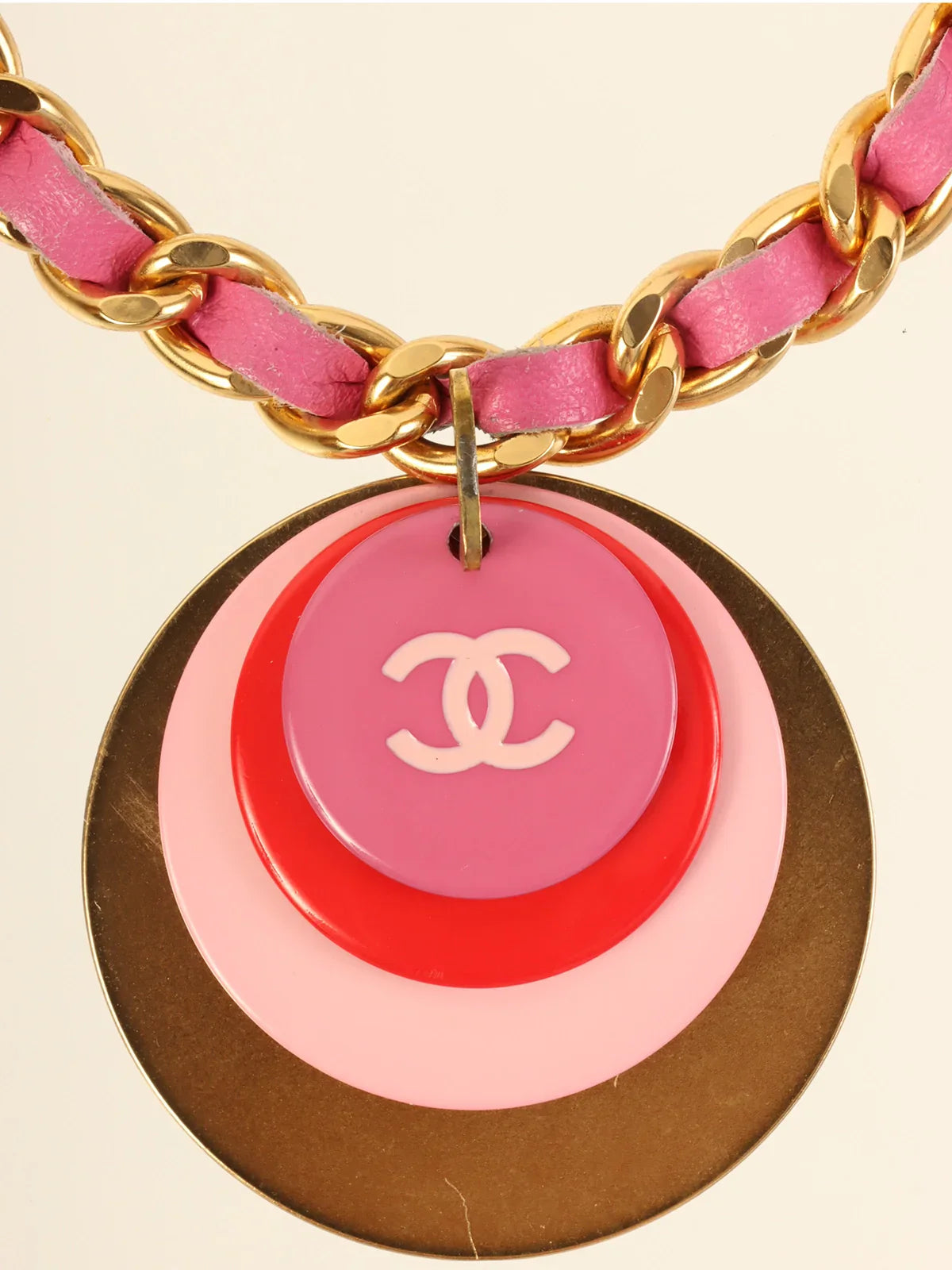 CHANEL 2001 Made Round Cc Mark Plate Chain Braclet Gold/Pink/Red