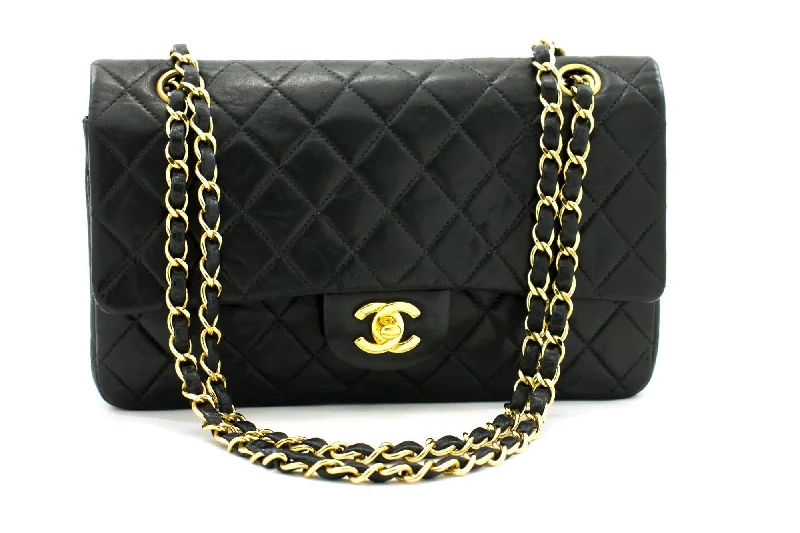 CHANEL 2.55 Double Flap Medium Chain Shoulder Bag Black Lambskin i51