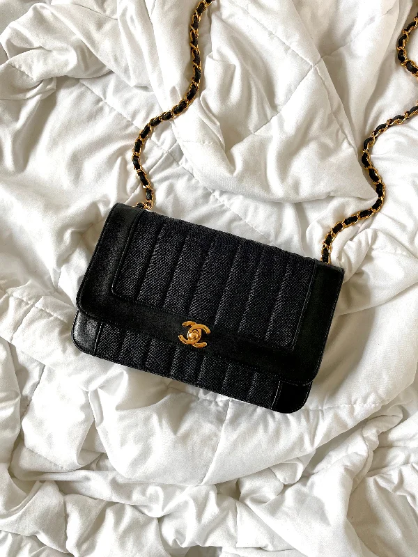 Rare Chanel Black Lambskin and Linen Bag