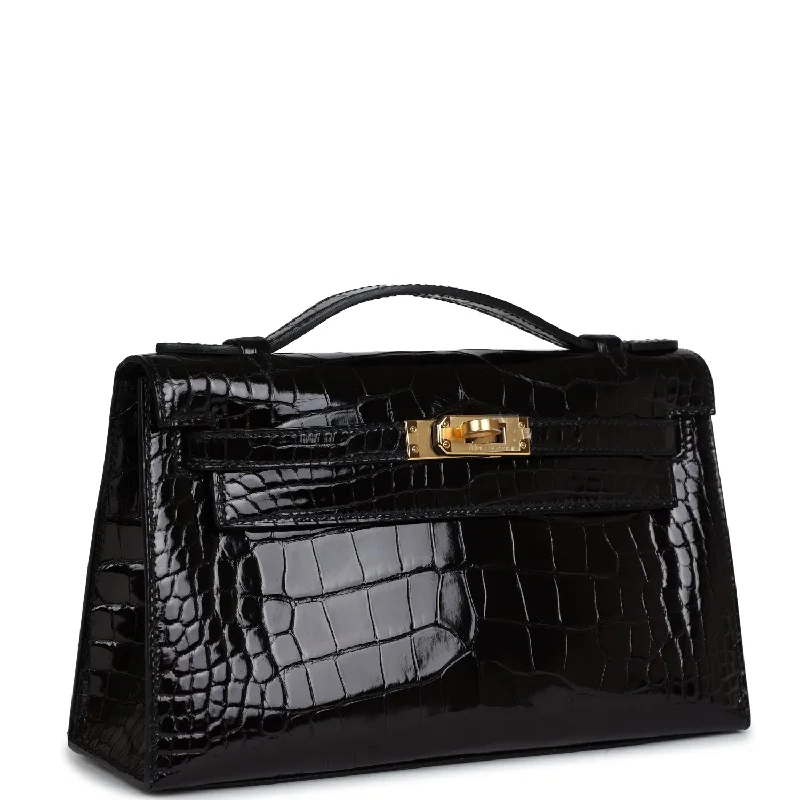 Hermes Kelly Pochette Black Shiny Alligator Gold Hardware