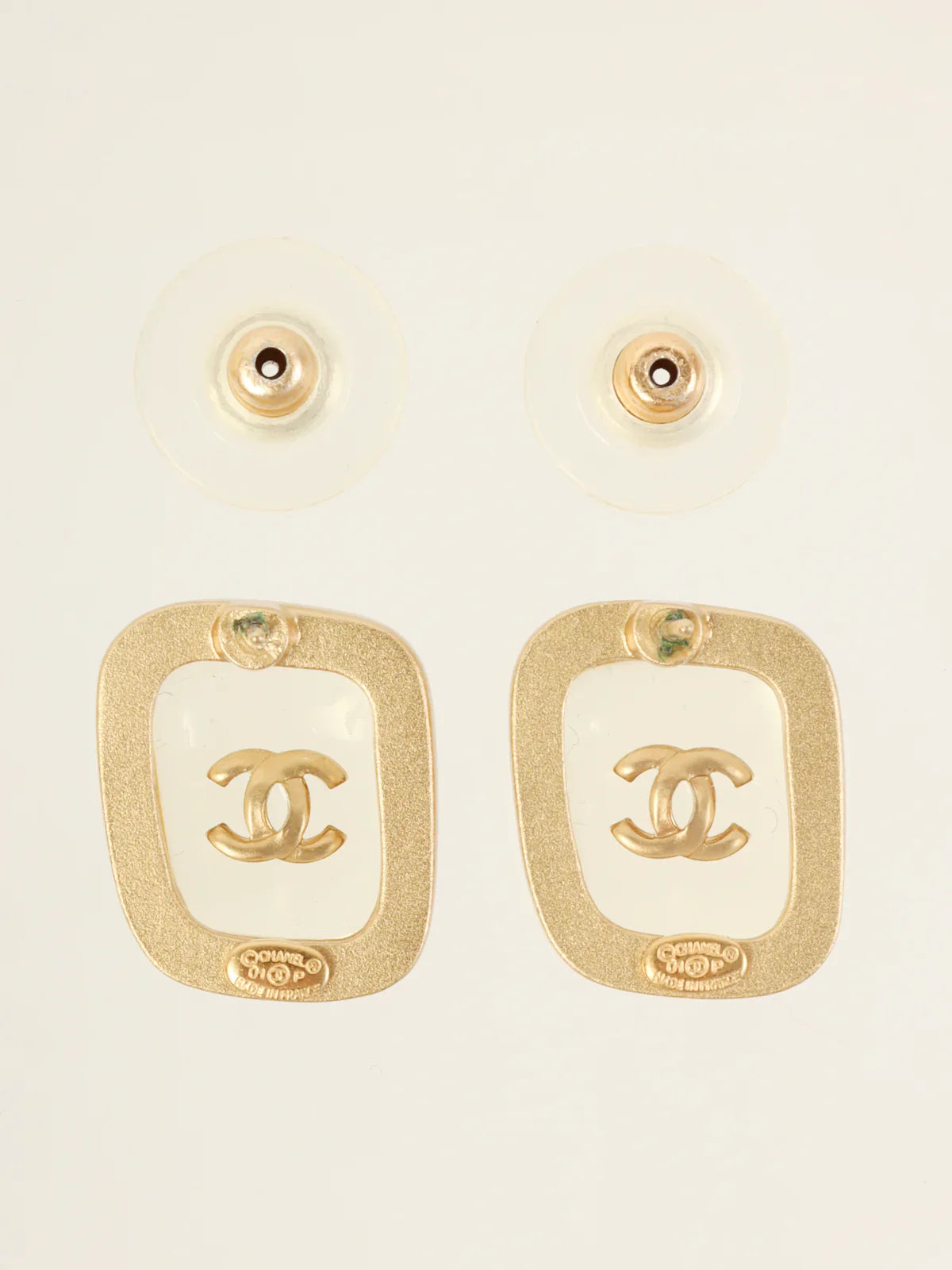 CHANEL 2001 Made Square Cc Mark Pierced Earrings Clear/Gold