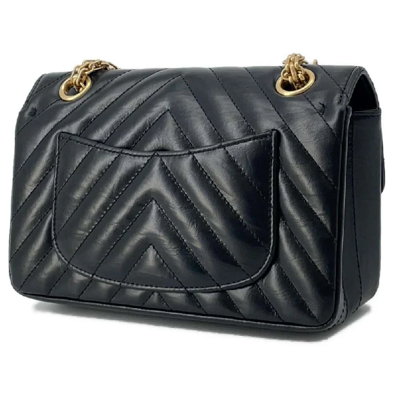 CHANEL 2.55 Chevron Single Flap ChainShoulder Bag Black Calf Leather