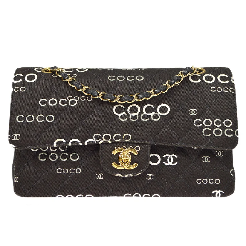 Chanel 2001-2003 COCO patterned Classic Double Flap Medium Black Canvas