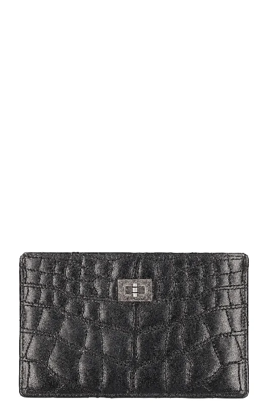 CHANEL 2.55 Document Holder Croc Embossed Black