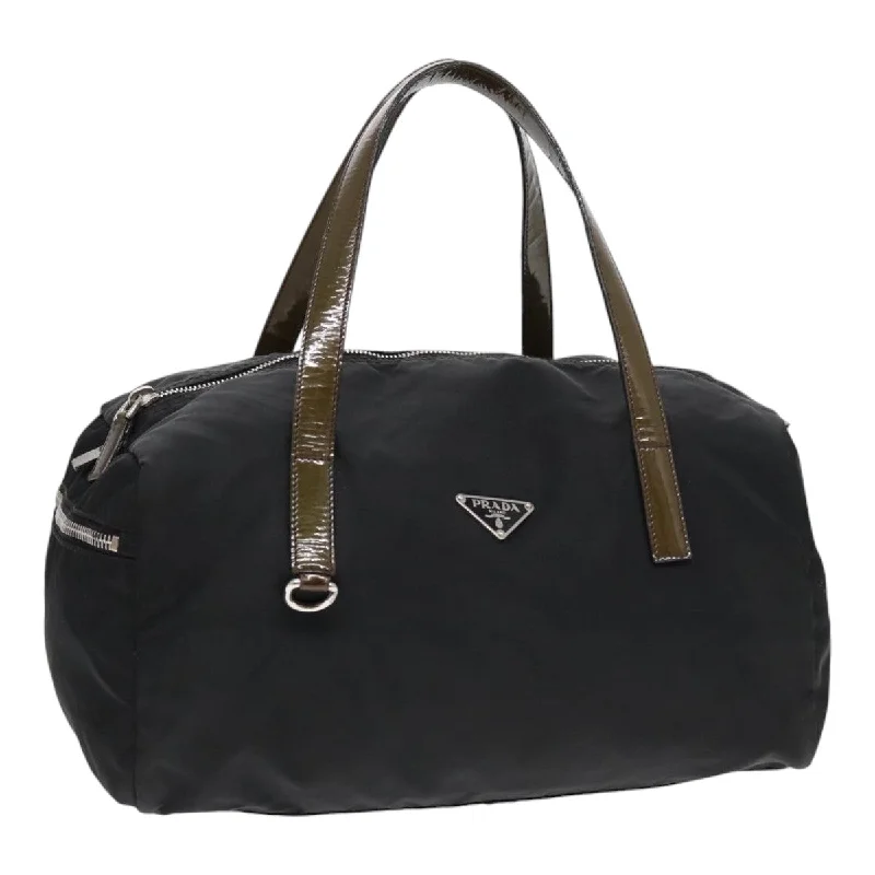 PRADA Hand Bag Nylon Enamel Black Khaki Silver Auth 86451